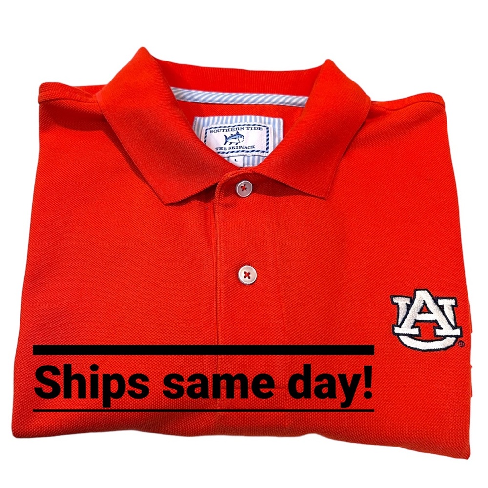 Southern Tide men’s Auburn orange polo shirt with AU logo on chest - size Large